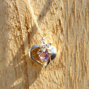 925 Sterling Silver Amethyst CZ Heart Birthstone Pendant Necklace Signed CPA
